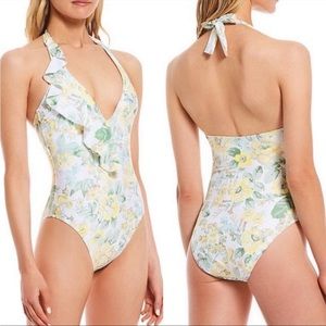 Antonio Melani Floral Ruffle Halter One Piece Swimsuit - Size XL